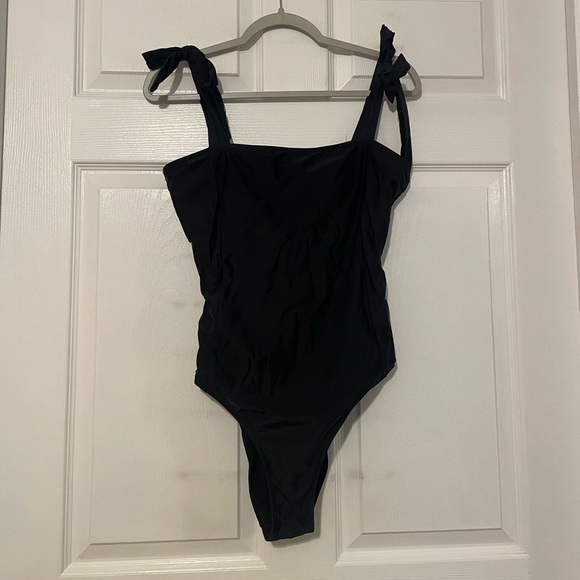 Black One-Piece Slimming Swimsuit with Bow Tie Adjustable Straps - Picture 1 of 4